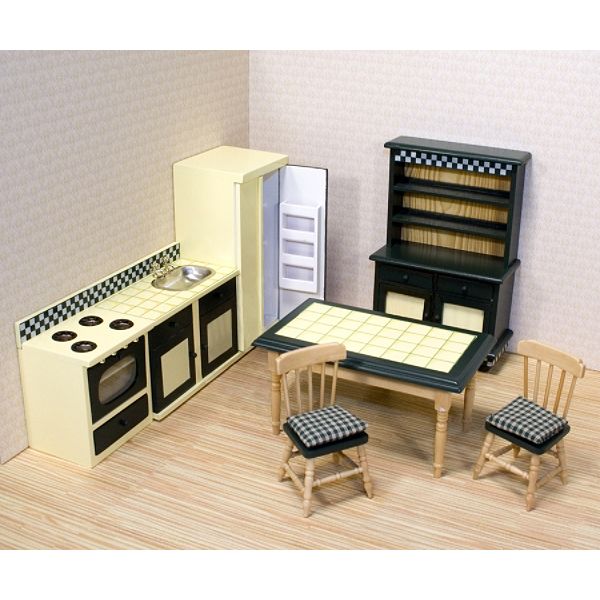 Hand Crafted Wooden furniture features working doors and drawers Perfect for all 1:12 scale dollhouses Includes 2 chairs, kitchen table, sink and countertop, four burner range, and refrigerator Exceptional quality and value