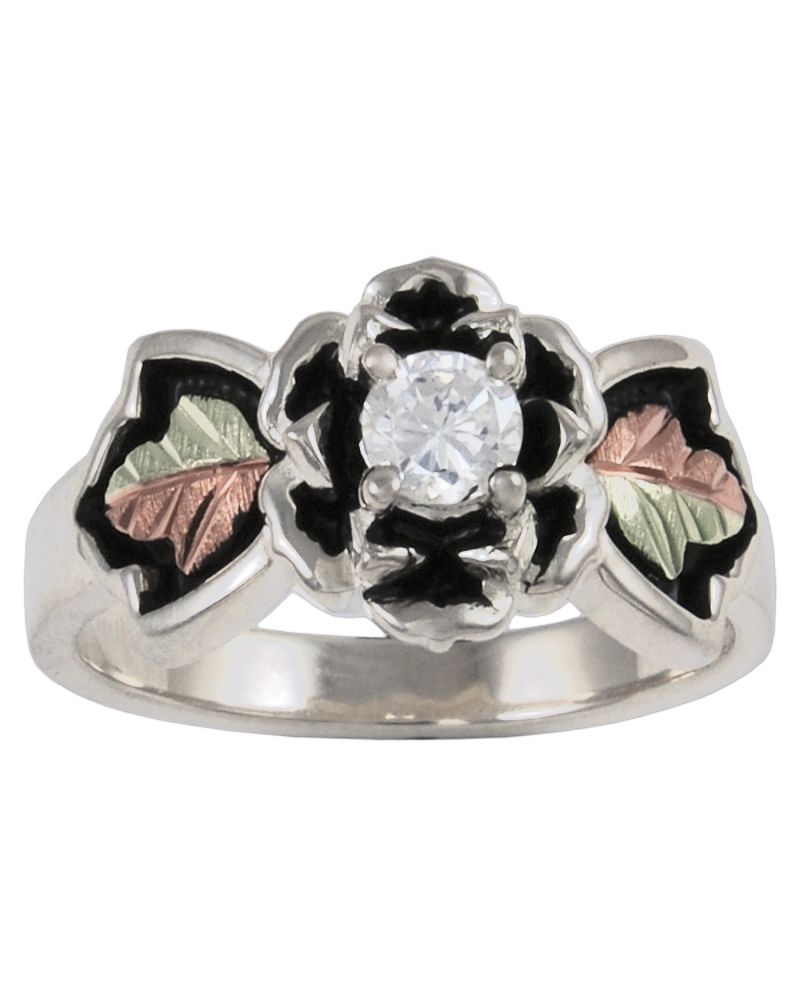 Black Hills Gold on Sterling Silver Antiqued CZ Rose Ring