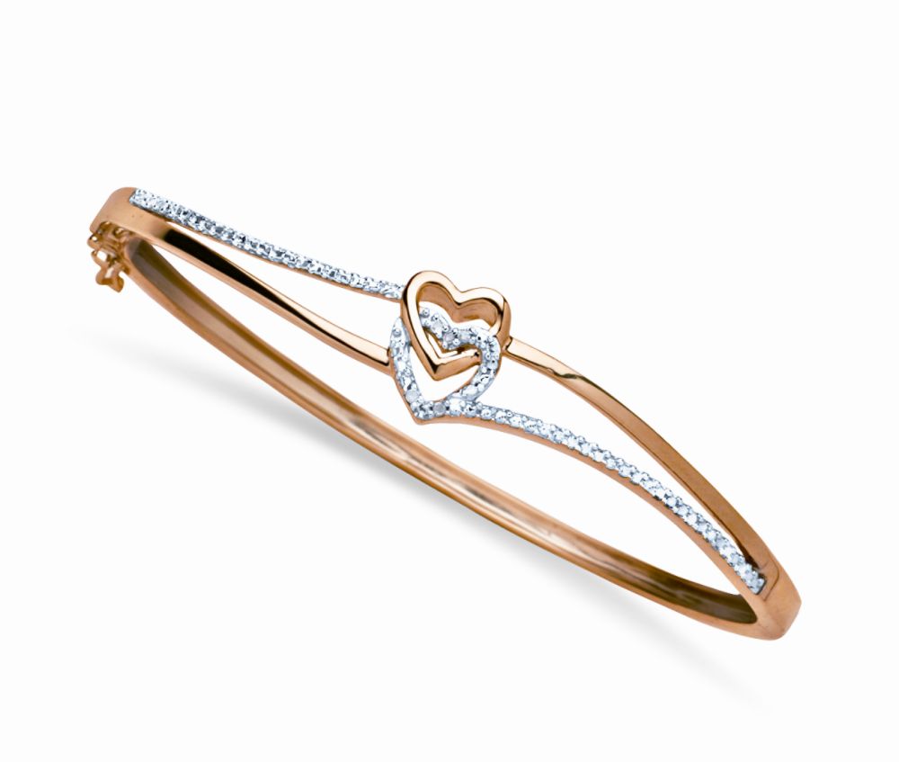 Diamond Double Heart Bangle in 14K Gold Over Sterling Silver