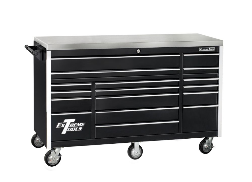 Extreme Tools 72" 17 Drawer Triple Bank Professional Roller Cabinet in Black