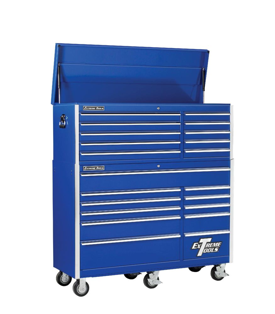 Extreme Tools 56" 10 Drawer Top Chest & 11 Drawer Roller Cabinet in Blue