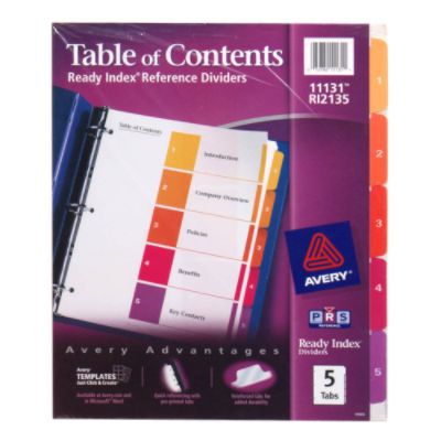 Avery Ready Index Reference Dividers Table of Contents 5 Tabs 1 set