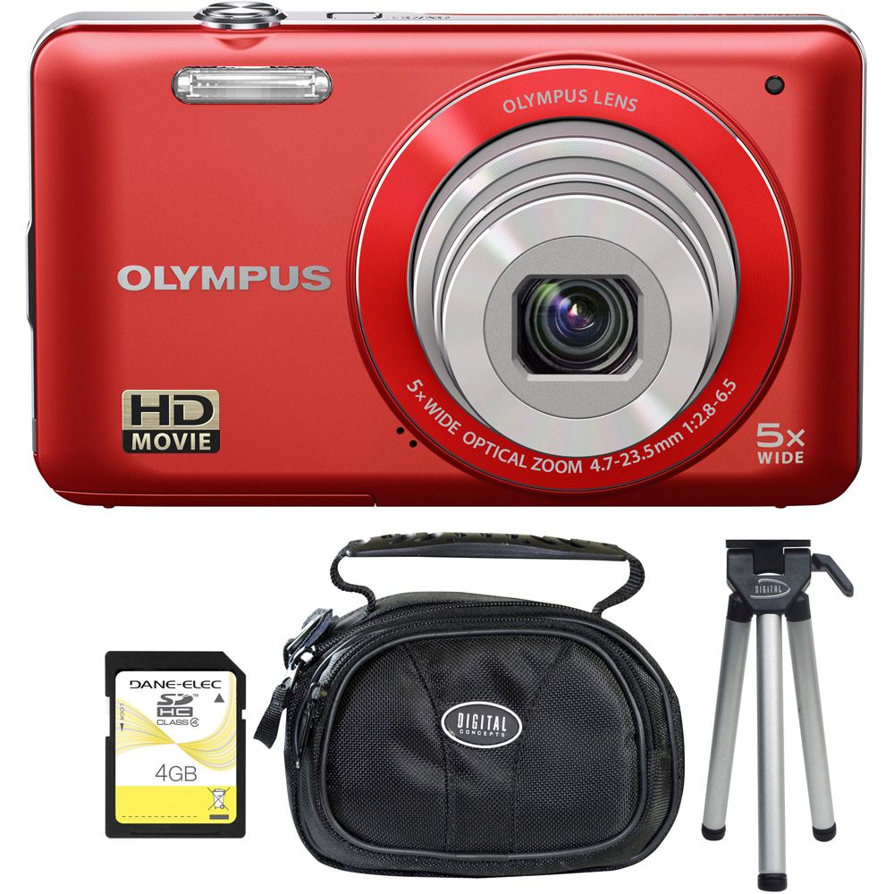 Olympus VG120 Red 14MP Digital Camera, 4GB SDHC Card, Mini Tripod