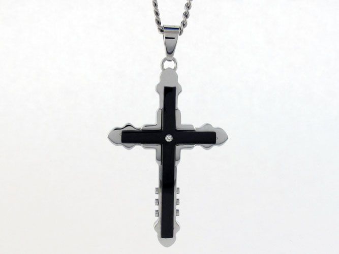 &nbsp; Men's Diamond Accent Stainless Steel Two Tone Black Ion Plated Cross
