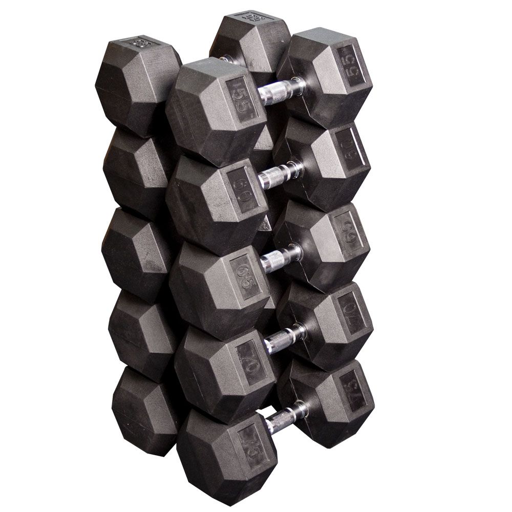 Rubber Hex Dumbbell Set 55-75Lb Pairs
