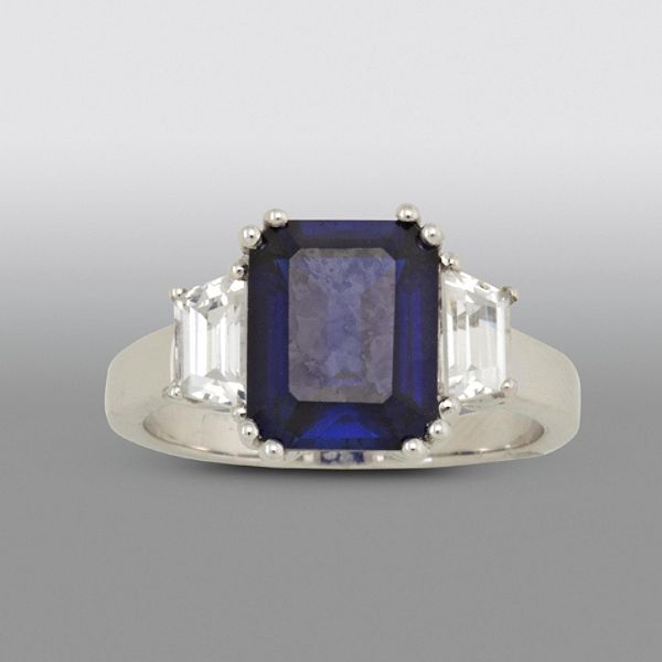 Blue & White Emerald Cut Lab Created Sapphire Ring Accented With