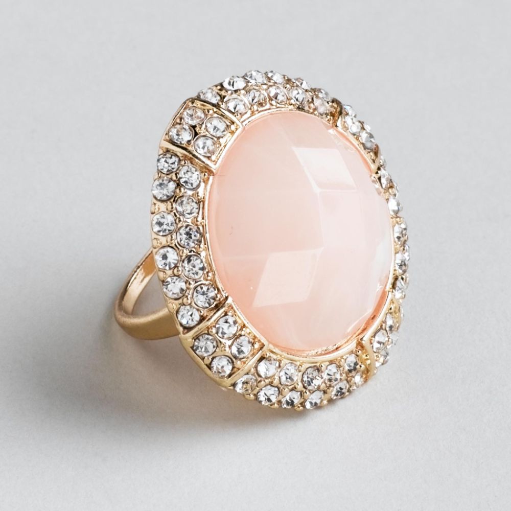 Kardashian Kollection Metal Ring With Marbled Faceted Acrylic Stone And Rhinestone Border