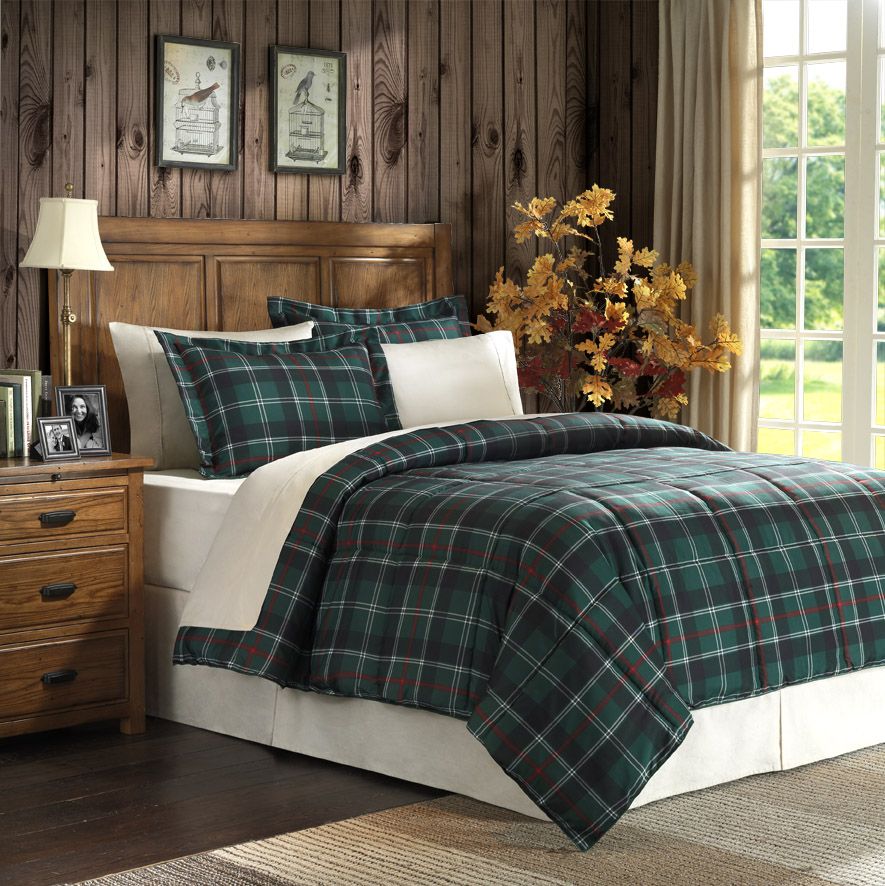 King Bedding Sets Green on Green Plaid Microfiber Down Alternative King Comforter Mini Set
