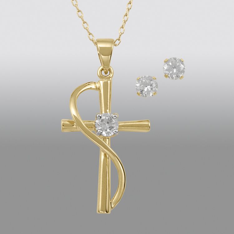 ²-Piece Cubic Zirconia Stud & Cross Pendant Set in 18K Yellow Gold Over SS at Sears.com