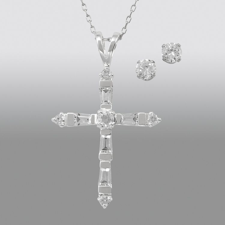 ²-Piece Cubic Zirconia Stud & Cross Pendant Set in Sterling Silver at Sears.com