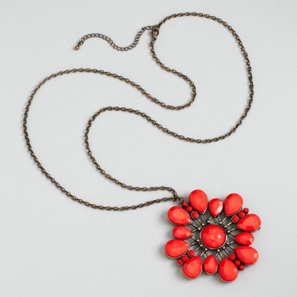 Kardashian Kollection Long Chain Necklace With Metal Casting And Faceted Acrylic Stones Pendant