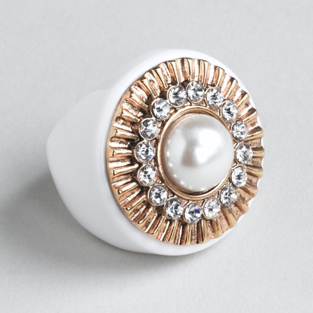 Kardashian Kollection Acrylic Ring With Metal Medallion Faceted Stones And Pearl Cabochon Center