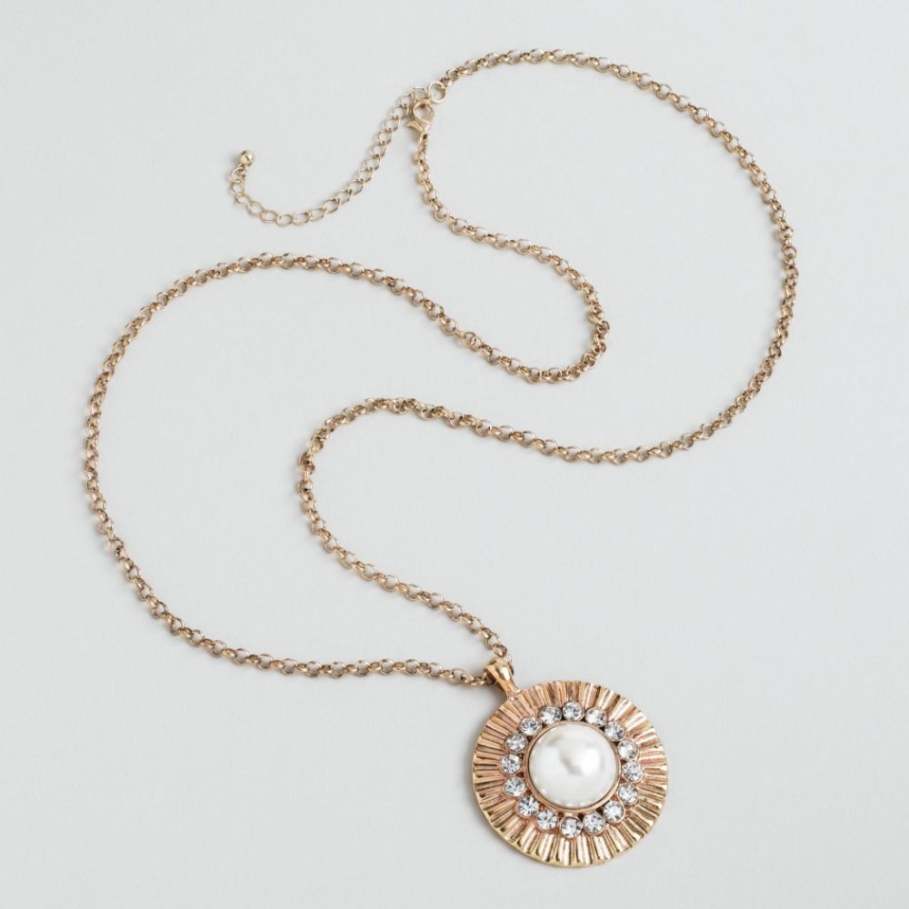 Kardashian Kollection Long Chain Necklace With Metal Medallion Pendant, Faceted Stones, And Pearl Cabochon Center