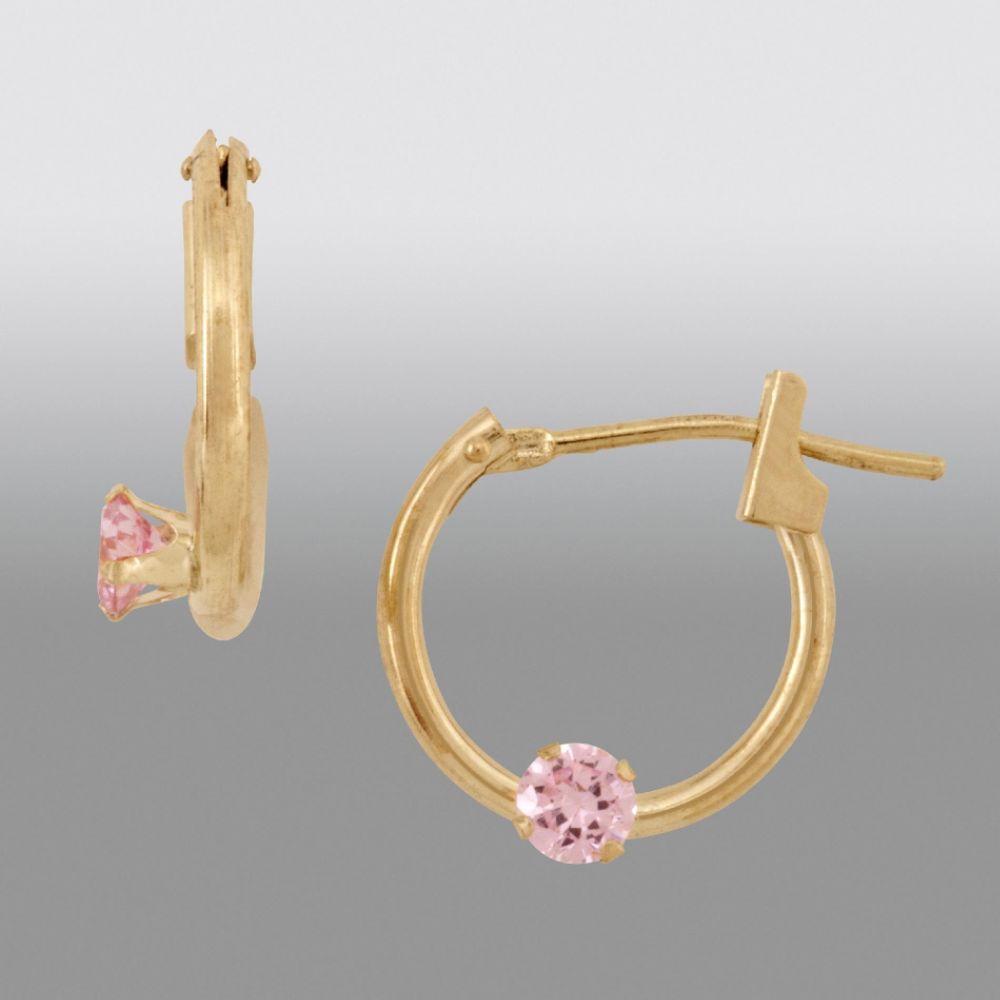 &nbsp; 14k Gold Princess Snap Hoop Earrings with Pink CZ