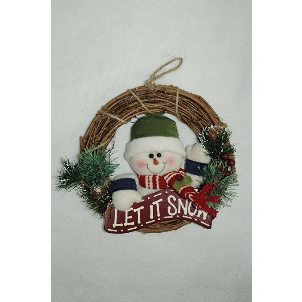Trim A Home 8in Rattan Snowman With Green Hat Wreath