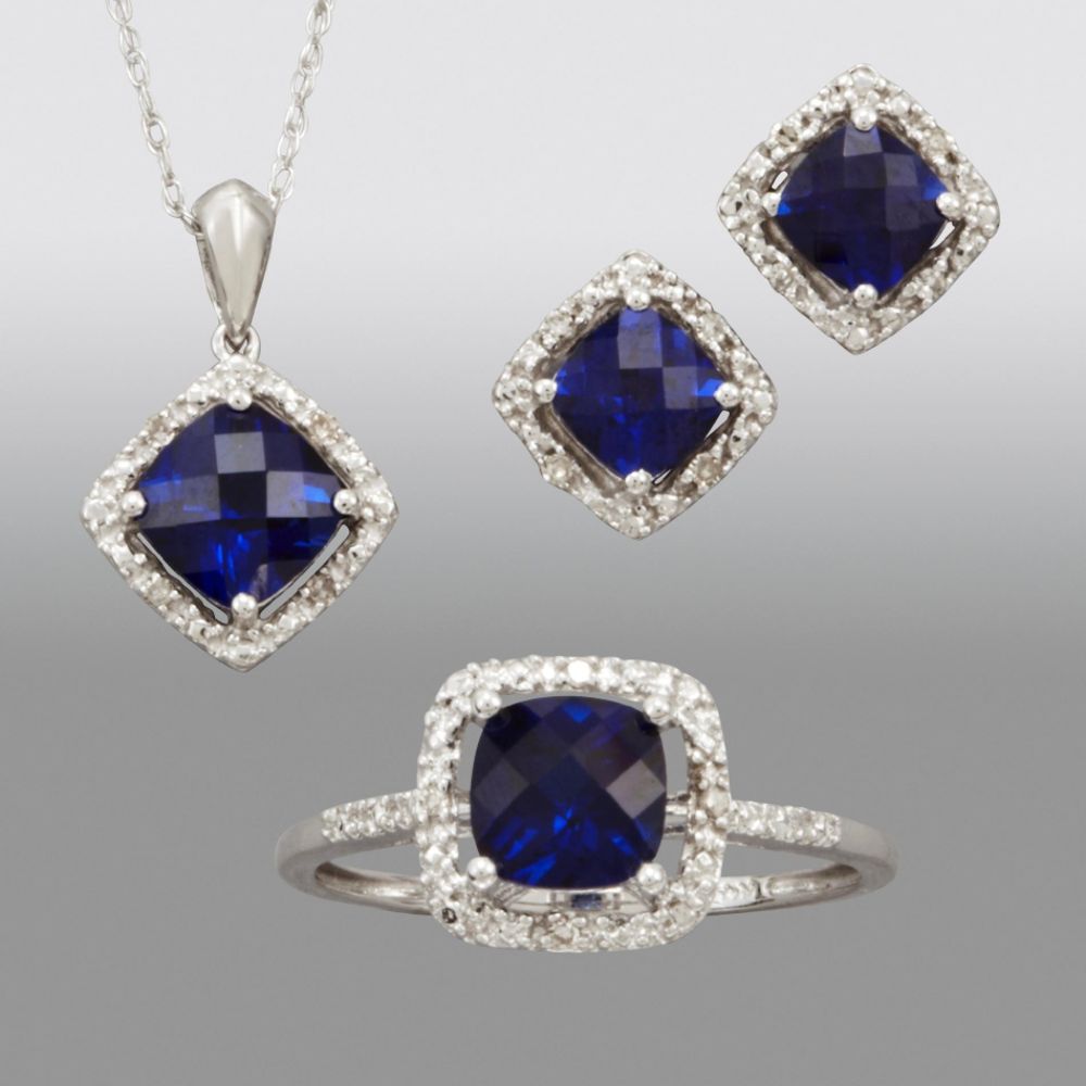 Lab Created Sapphire and Diamond Pendant, Earring and Ring Box Set. 10K White Gold at Sears.com