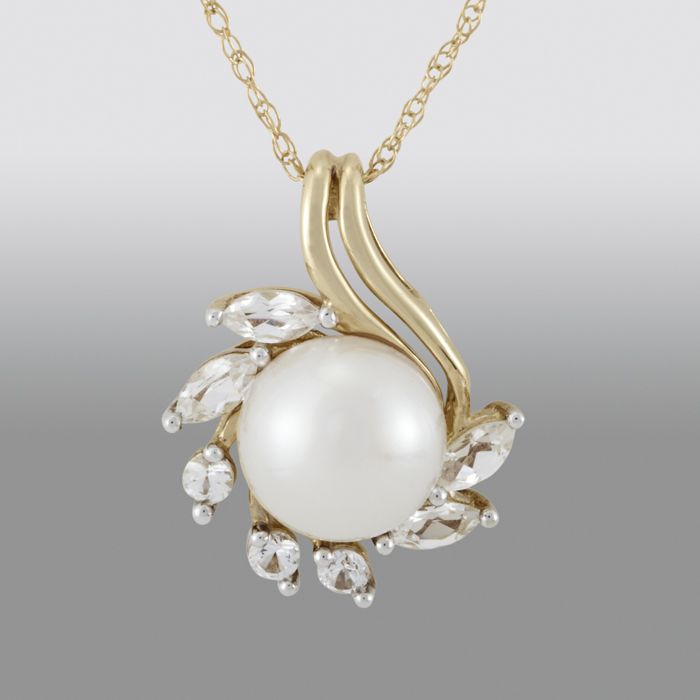 Cultured Freshwater Pearl and White Lab Created Sapphire Marquise Pendant. 10K Yellow Gold