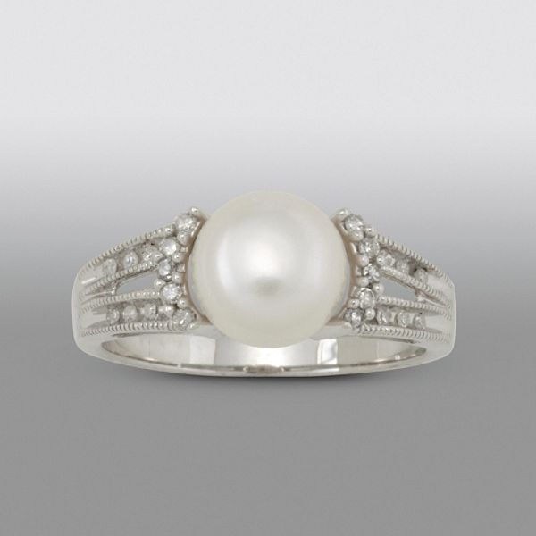 Cultured Freshwater Pearl And Diamond Ring. 10K White Gold