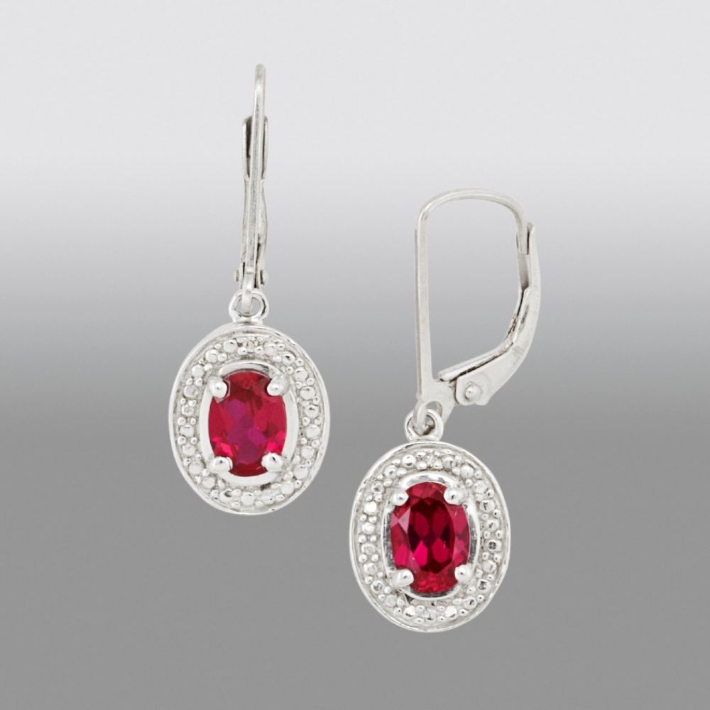 Created Ruby Oval Gemstone Diamond Earrings