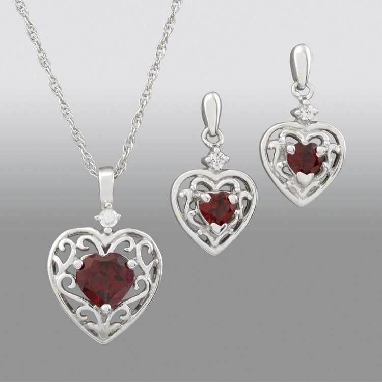 Garnet Heart Scroll Pendant and Earring Set