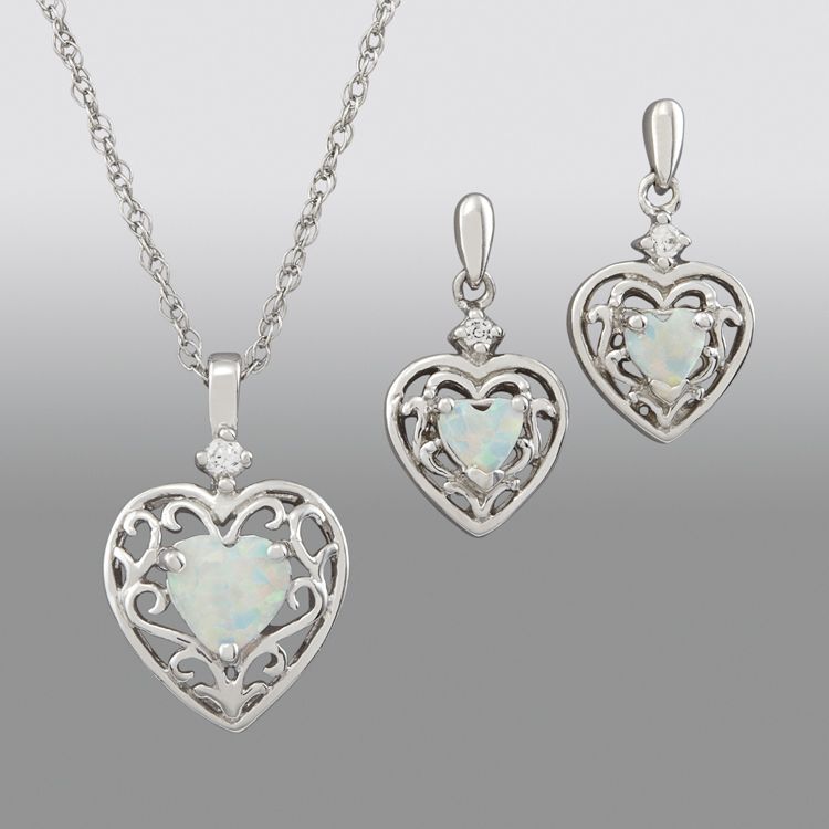 Created Opal Heart Scroll Pendant and Earring Set