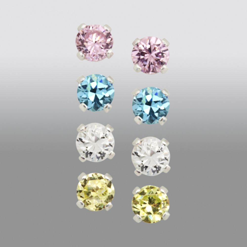 Girls 4-Pair, 3MM Green/Pink/White/Blue Cubic Zirconia Earring Set in SS at Sears.com