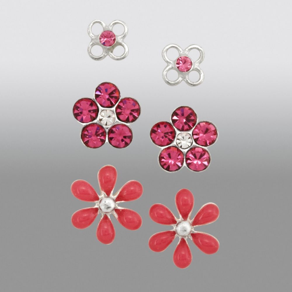 Girls 3-Pair Pink Cubic Zirconia and Enamel Flower Stud Earring Set in SS at Sears.com