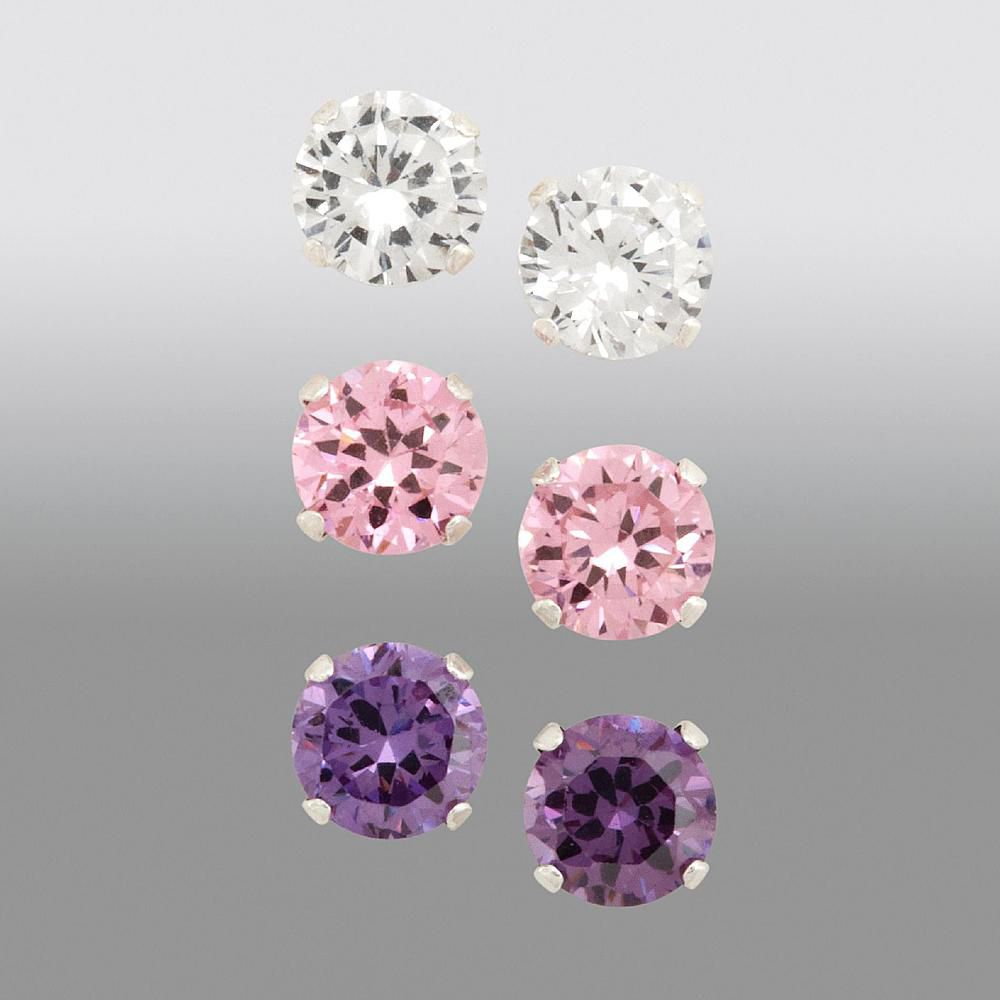 Girls 3-Pair, 5MM, White/Pink/Amethyst Cubic Zirconia Earring Set in SS at Sears.com