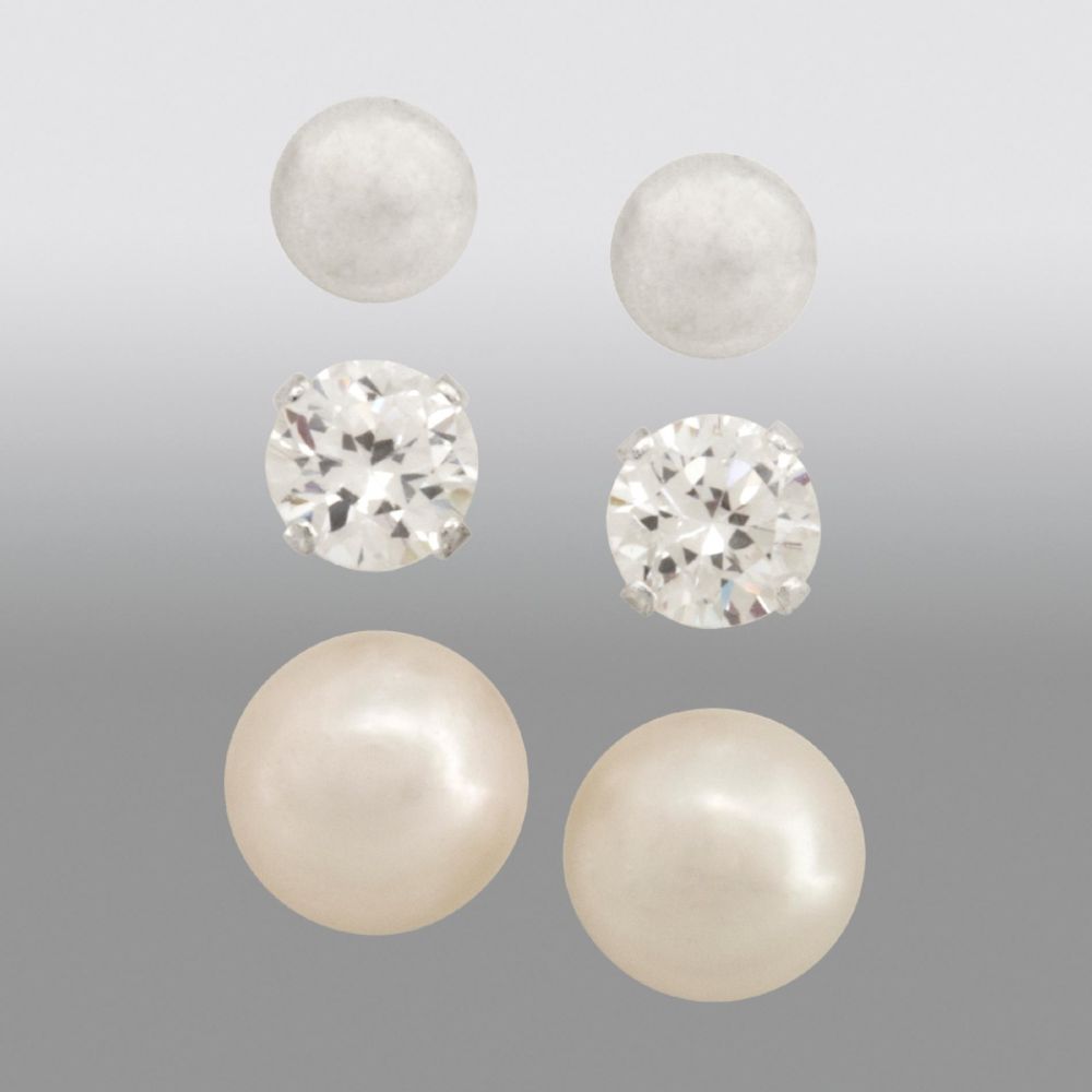 Girls 3-Pair Cubic Zirconia, Ball and Pearl Stud Earring Set in Sterling Silver at Sears.com