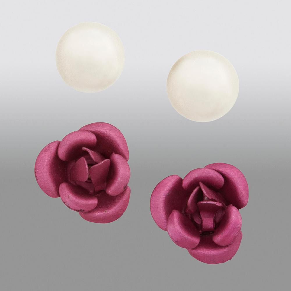 Girls 2-Pair Pink Rose and Pearl Stud Earring Set in Sterling Silver at Sears.com