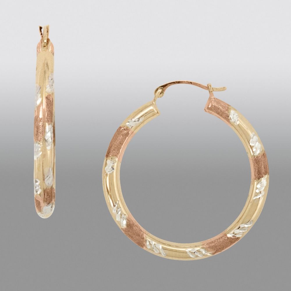 Tri-color Diamond Cut Hoop Earrings in