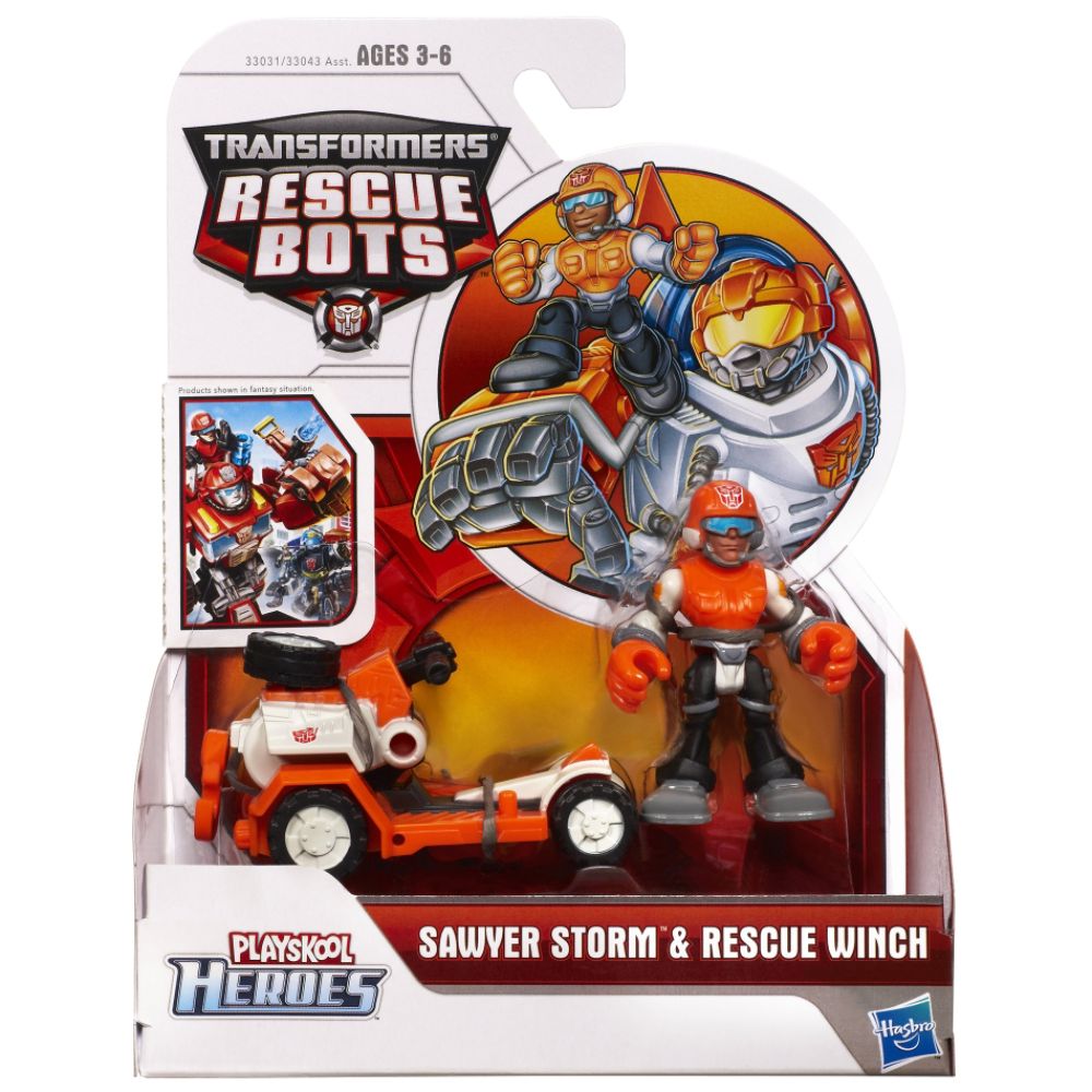Transformers RESCUE BOTS PLAYSKOOL HEROES SAWYER STORM and Rescue Winch Figure Set