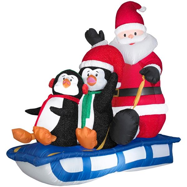 Airblown Santa and Penguins Sledding