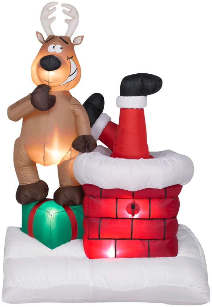 Airblown Animated Santa Kicking in Chimney with Reindeer