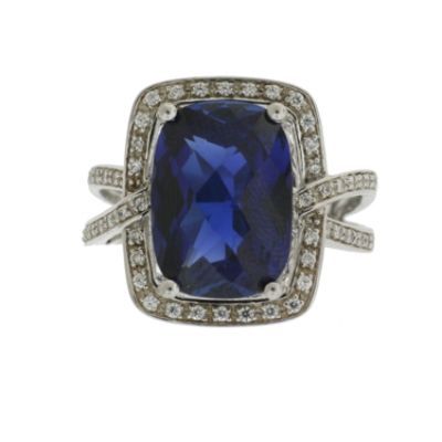 Sterling Silver Created Sapphire Cushion Cut Ring