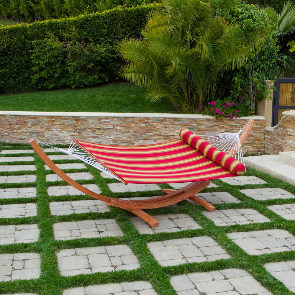Sunbrella Outdoor Furniture on Rst Outdoor Cantina Wood Arc Hammock With Striped Polyspun Bed Set
