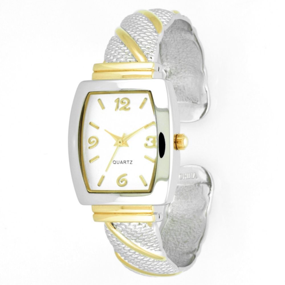   Ladies' Watch with Two-Tone Cushion Case, White Dial and TT Hinged Bangle Band at Kmart.com