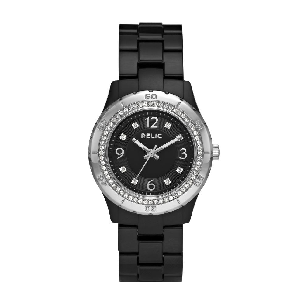 Relic Ladies' Crystal Accent Watch w/Round Silvertone Case, Black Dial and Bracelet Band