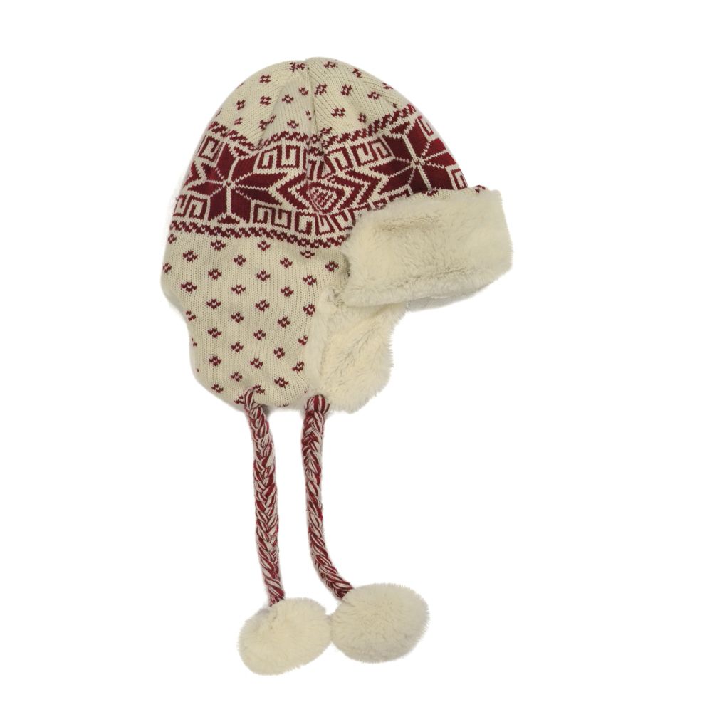 MUK LUKS® Snowflake Key Trapper Hat with Fur Lining and Poms - Candy Apple