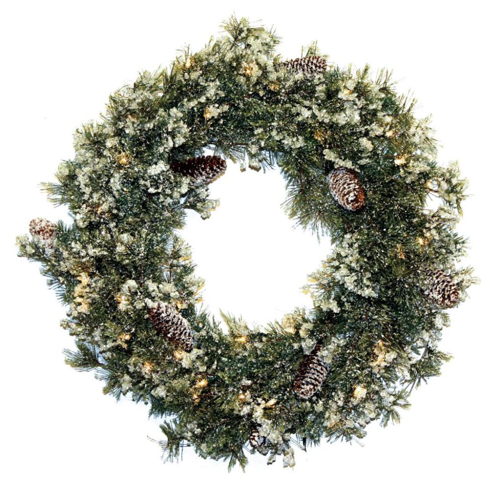 Good Tidings 96602 Wreath Glacier Pine Frosted with Ice 35 Clear 160 Tips 8 cones, 24-inch at Kmart.com