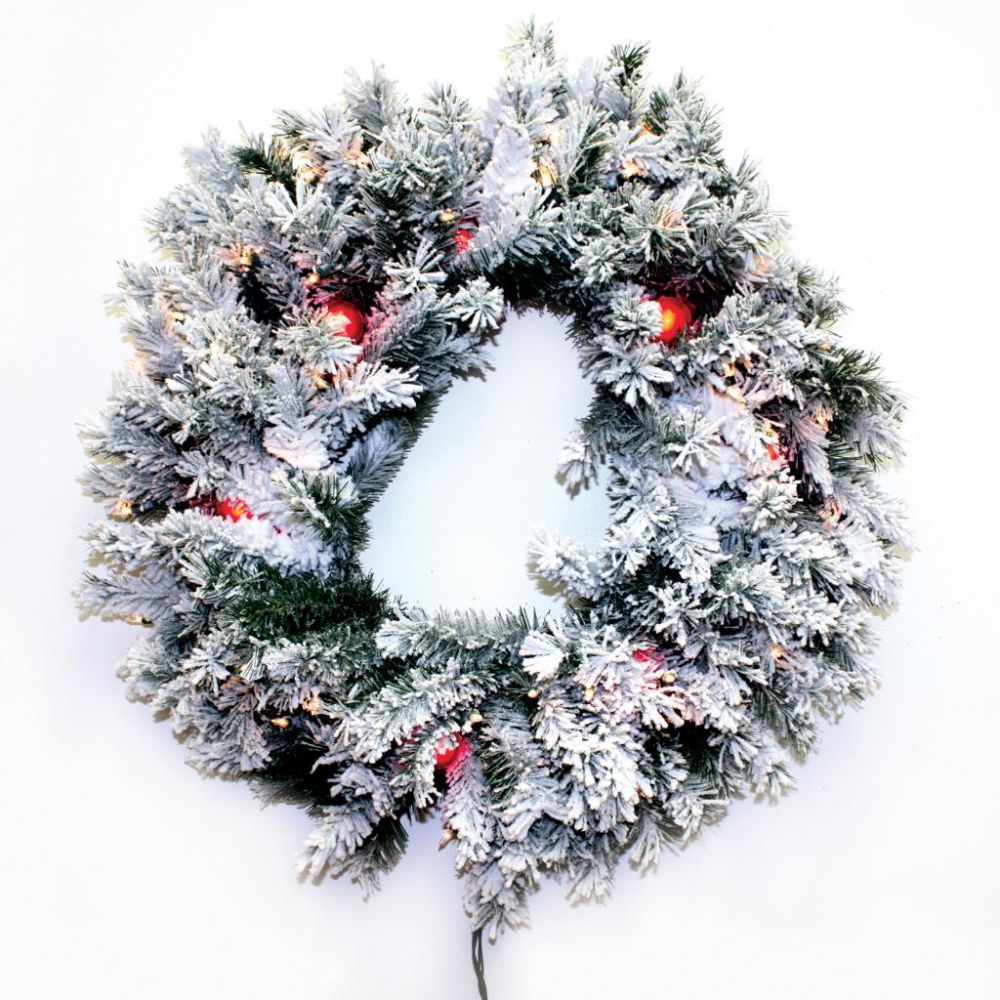 Good Tidings 96785 Wreath Med Flocked 50 Clear Lights 7 G40 Red Lights 180 Tips, 30-inch at Kmart.com