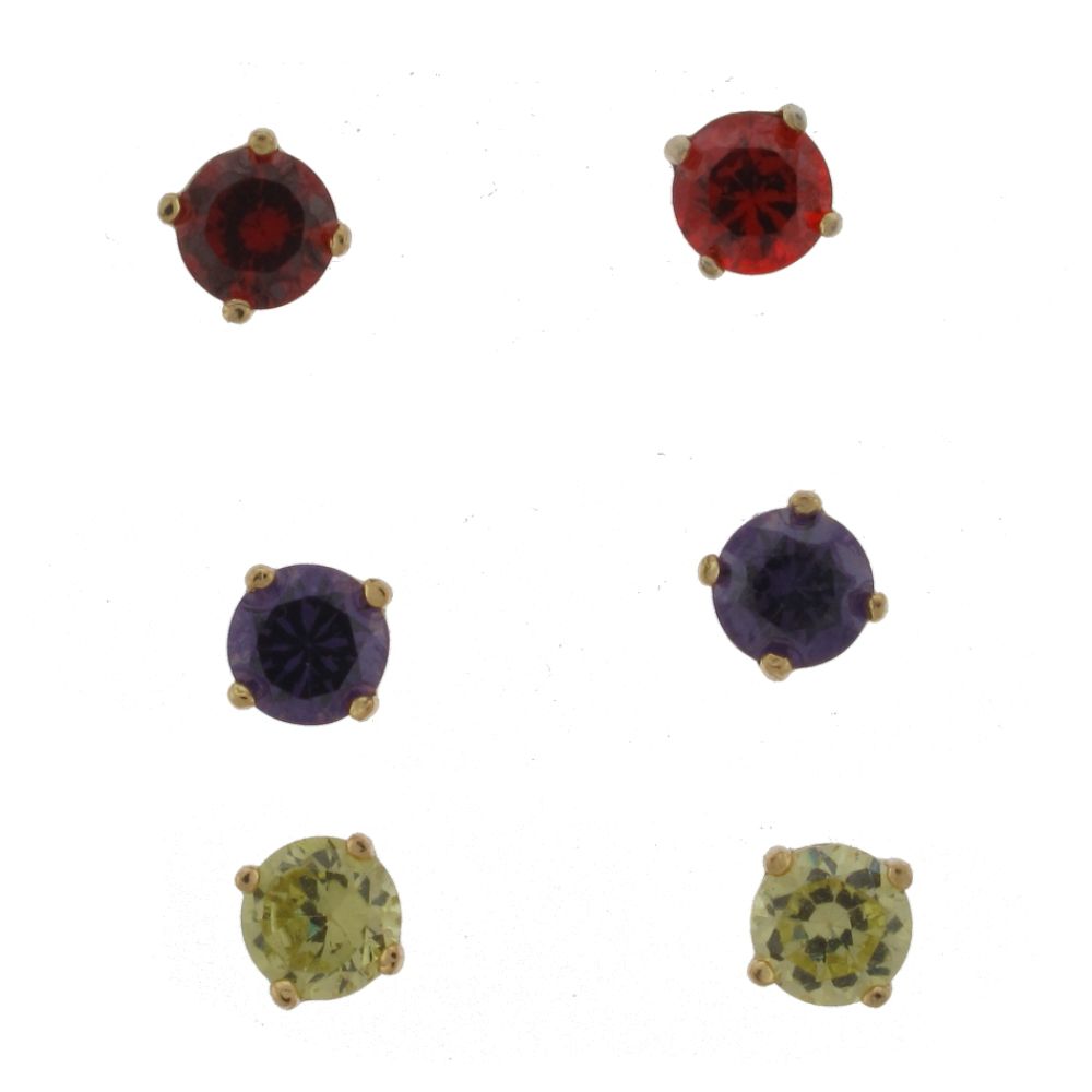 &nbsp; 18kt Gold Over Sterling Silver 3 Pair Multi-Color Cubic Zirconia