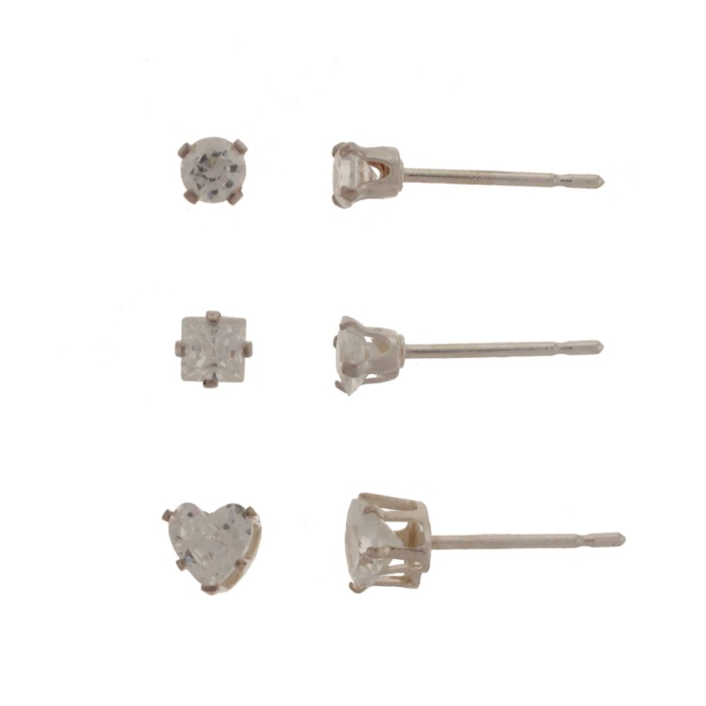 Sterling Silver 3Pair Cubic Zirconia Stud Set