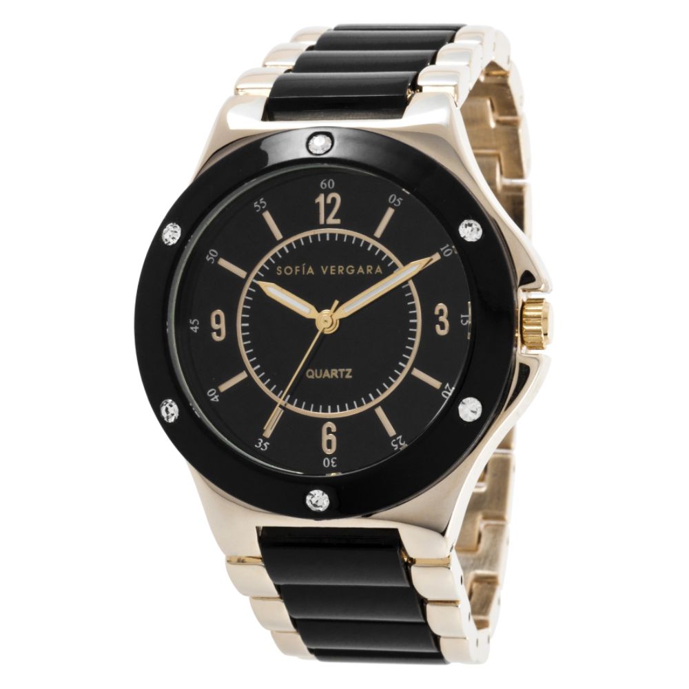   Ladies' Sofia Vergara Stone Accent Watch w/Round Goldtone and Black Case, Black Dial and Black/GT Bracelet Band at Sears.com