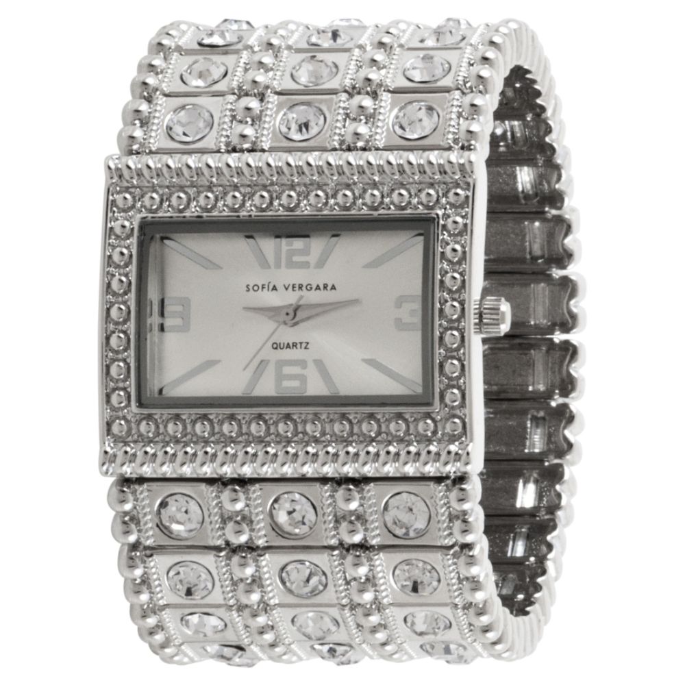 Sofia by Sofia Vergara Ladies Watch with Square Textured Silvertone Case, White Dial and 3-Row Faux Jeweled Silvertone Cuff Band at Kmart.com