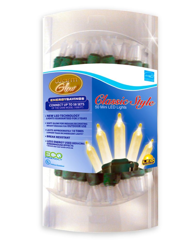 Brite Star 50L WARM GLOW TRADITIONAL MINI LIGHT SET, CLEAR CAP, WARM WHITE