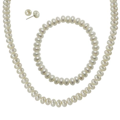 Sterling Silver 7.5-8mm Freshwater Pearl Necklace/Bracelet & Earring Set
