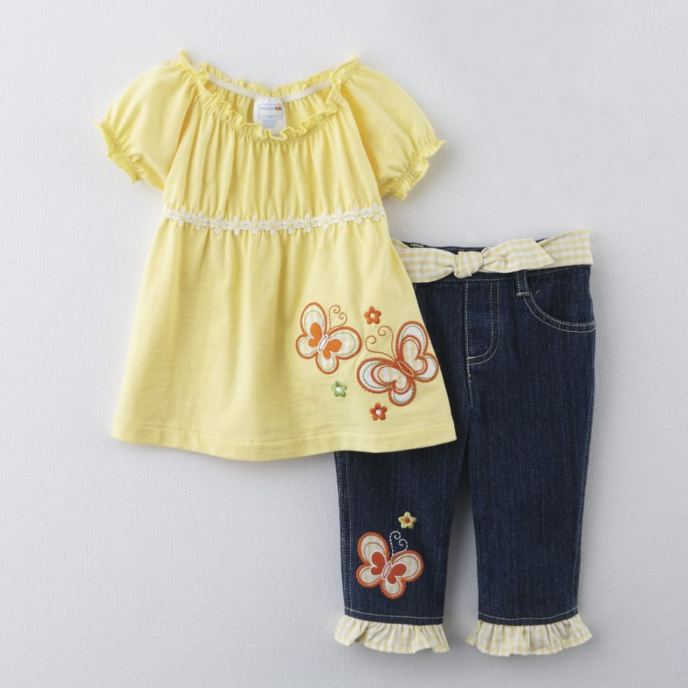WonderKids Infant and Toddler Girl's Spring Butterflies Tunic and Jeans Set