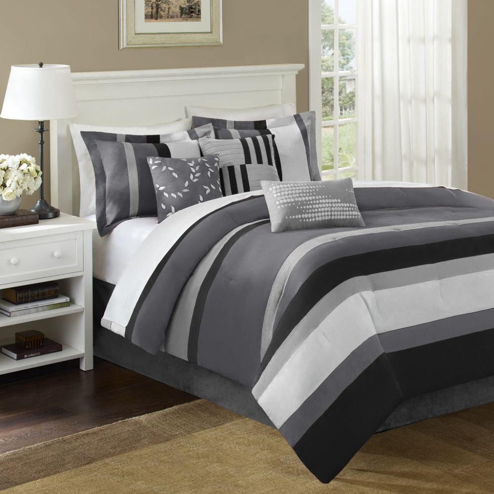 King Bedding Sets Gray on Laurel Stripe Cal King 7 Pieces Comforter Set In Grey Black Color