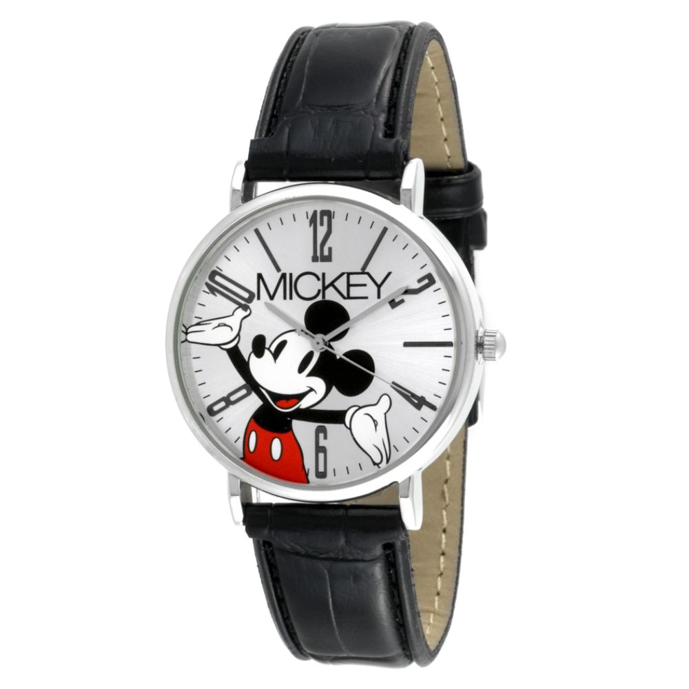 Disney Ladies' Disney Mickey Mouse Watch w/Round Silvertone Case, Silver Dial and Black Leather Band at Kmart.com